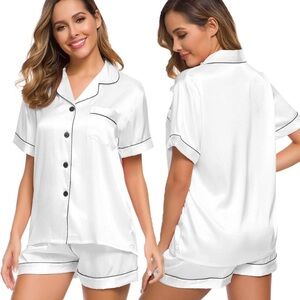 Elegant White Satin Pajama Set with Black Trim